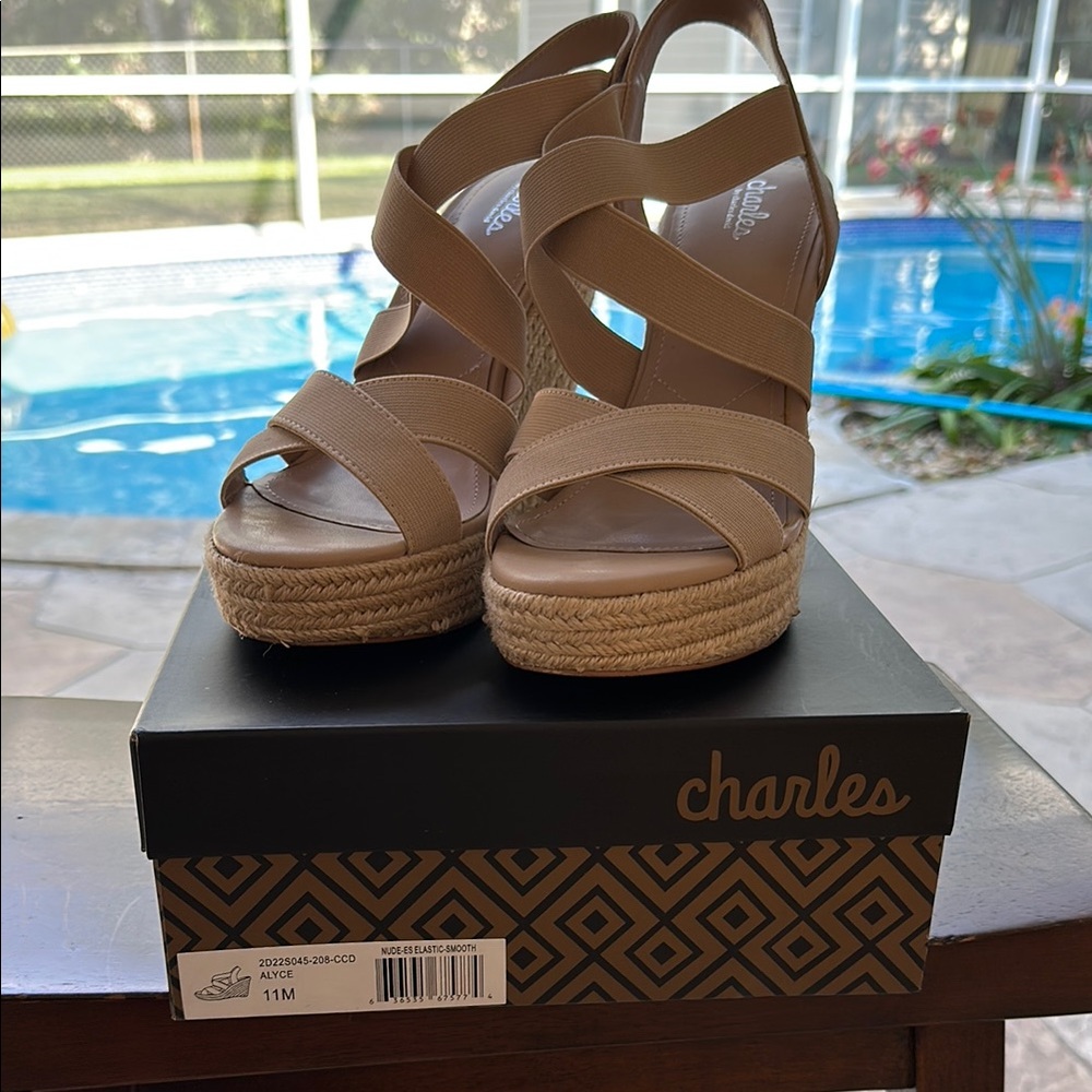 Charlies Tan Espadrilles with Wedge Heel and Crisscross Straps